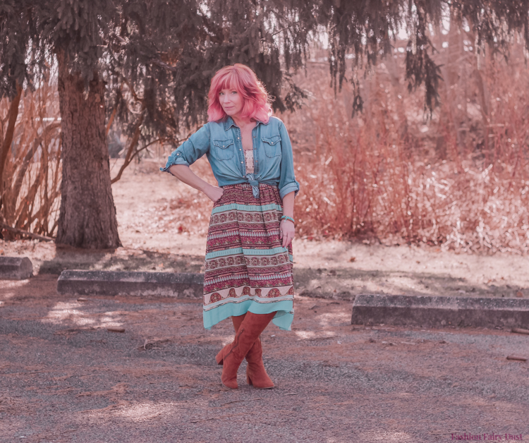 Boho print dress, chambray shirt & over the knee boots.