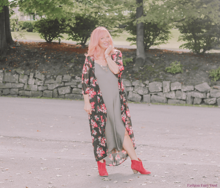 Olive green slip dress, floral kimono & red ankle boots.