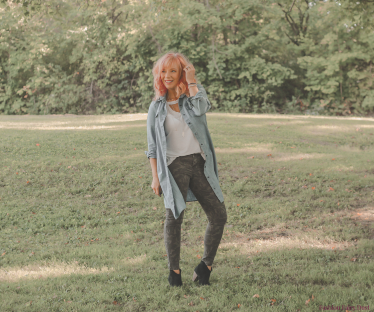 Chambray shirtdress_camo skinny jeans_suede ankle boots