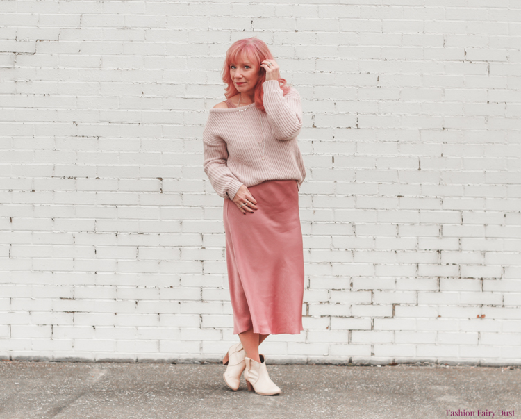 silk skirt_pink sweater_white booties