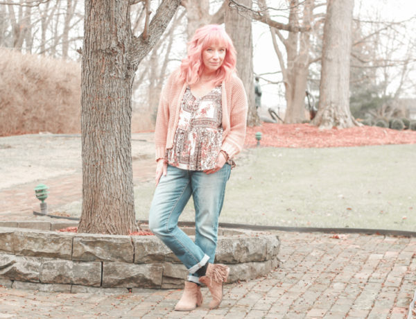 blush cardigan_peplum tank top_fringe booties